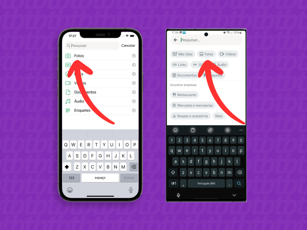 Capturas de tela do aplicativo WhatsApp no iPhone e no Android mostram como selecionar os filtros de pesquisa de mídia