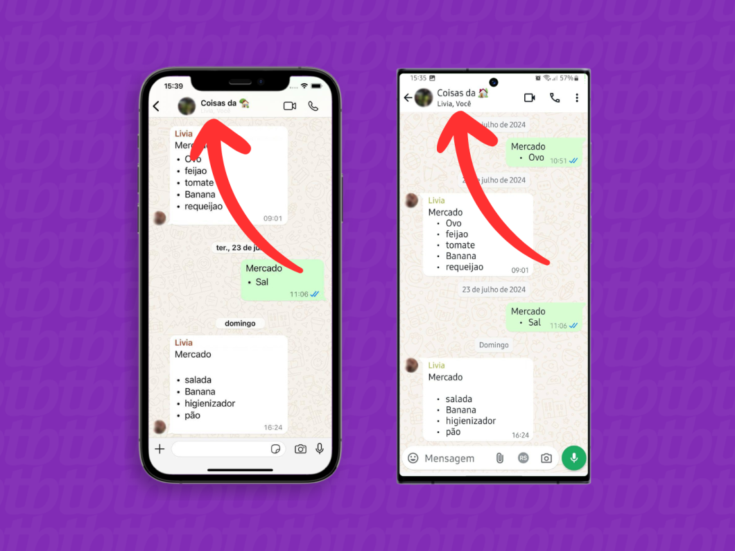 Capturas de tela do aplicativo WhatsApp no iPhone e no Android mostram como acessar os dados da conversa