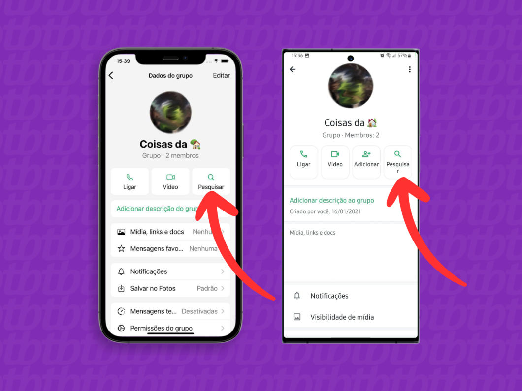 Capturas de tela do aplicativo WhatsApp no iPhone e no Android mostram como abrir a opção "Pesquisar"