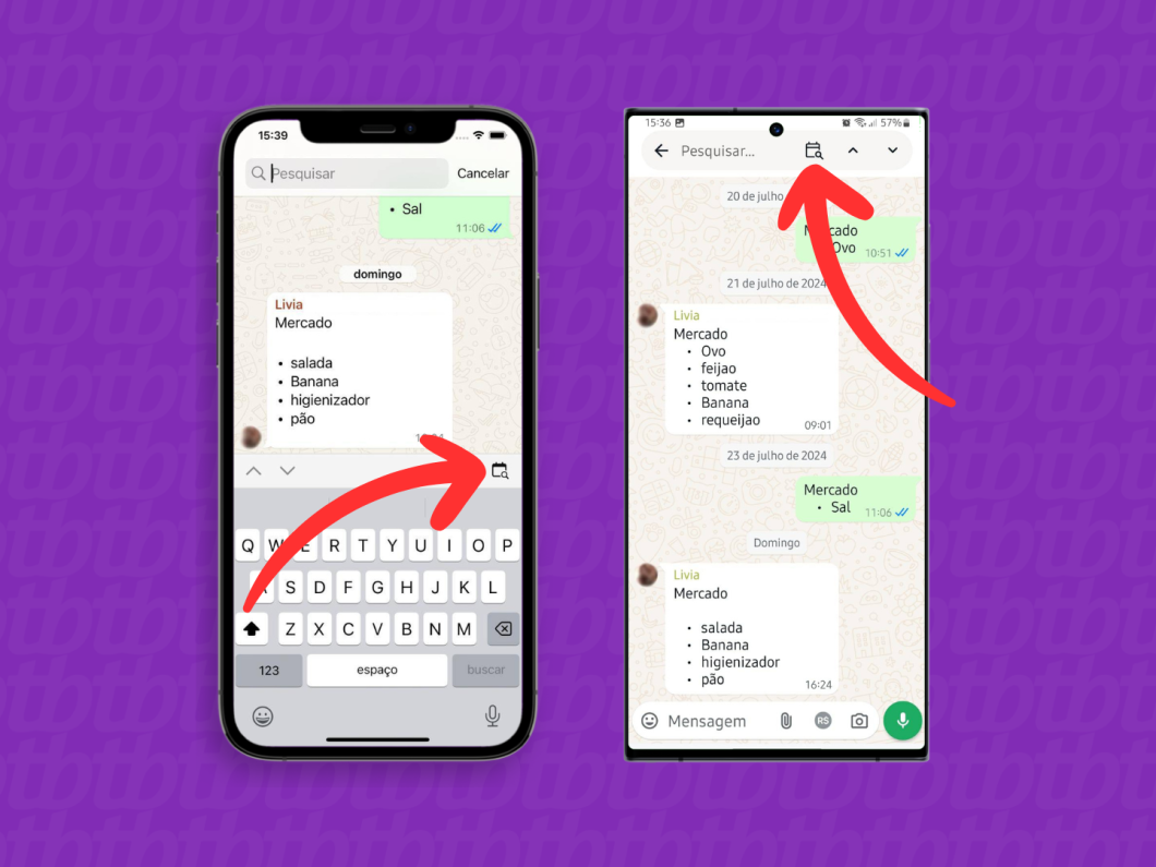 Capturas de tela do aplicativo WhatsApp no iPhone e no Android mostram como abrir o calendário