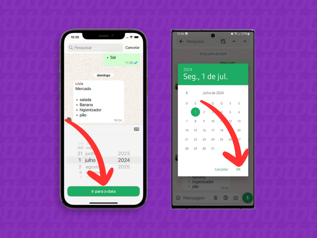 Capturas de tela do aplicativo WhatsApp no iPhone e no Android mostram como selecionar a data no calendário