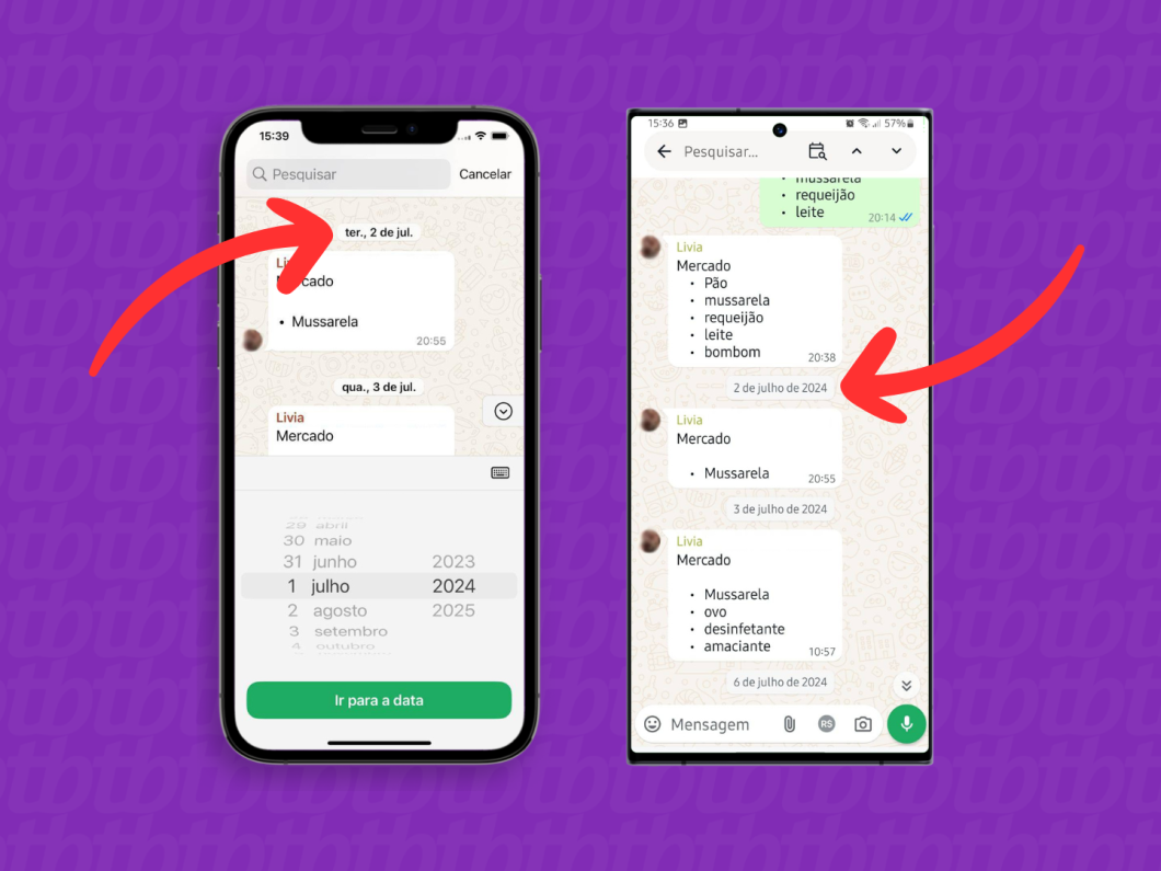 Capturas de tela do aplicativo WhatsApp no iPhone e no Android mostram como ver as mensagens na data selecionada