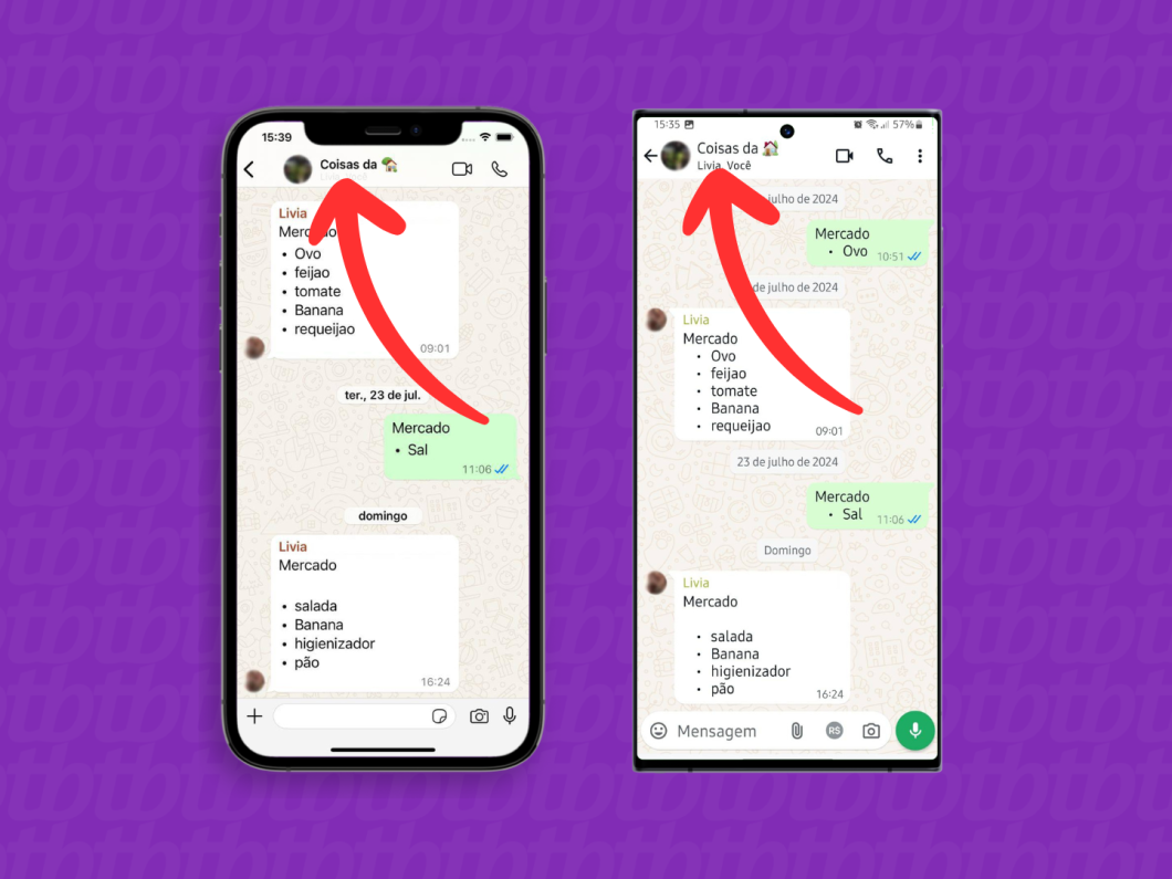 Capturas de tela do aplicativo WhatsApp no iPhone e no Android mostram como abrir o menu dados da conversa