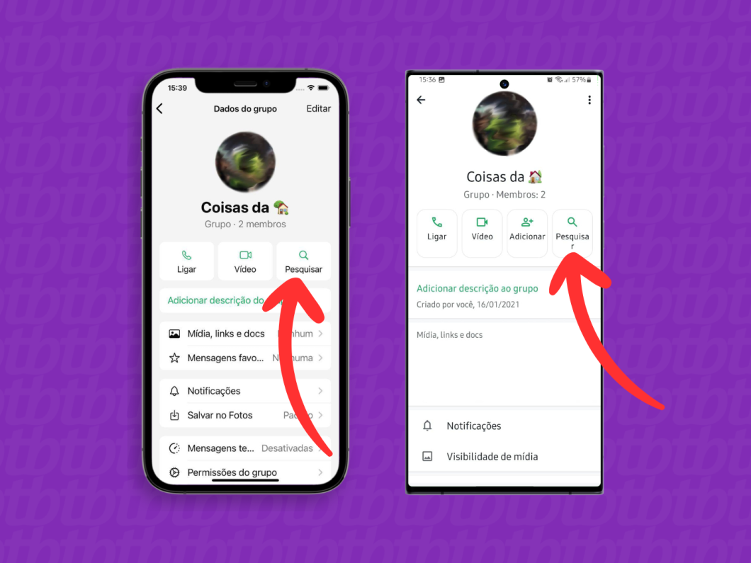 Capturas de tela do aplicativo WhatsApp no iPhone e no Android mostram como acessar a opção "Pesquisar"