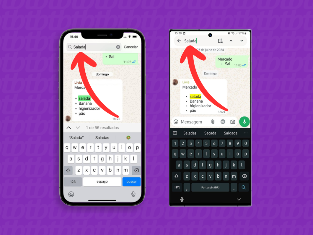 Capturas de tela do aplicativo WhatsApp no iPhone e no Android mostram como usar o campo "Pesquisar" em uma conversa