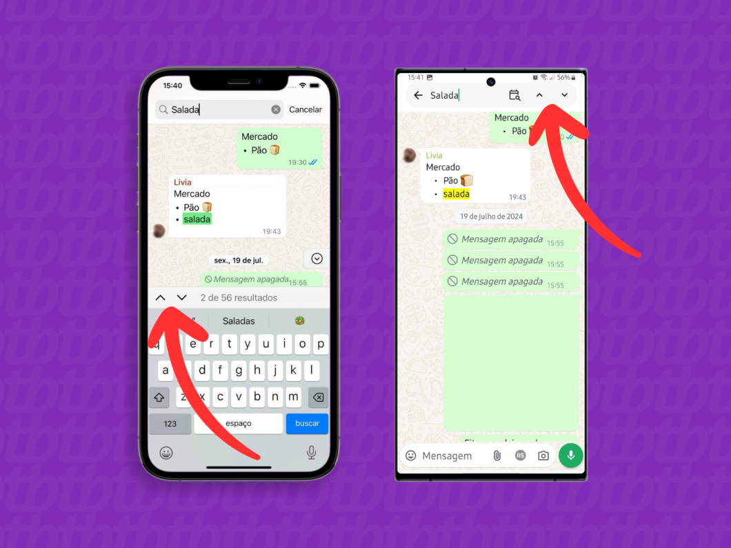 Capturas de tela do aplicativo WhatsApp no iPhone e no Android mostram como navegar pelos resultados da pesquisa na conversa