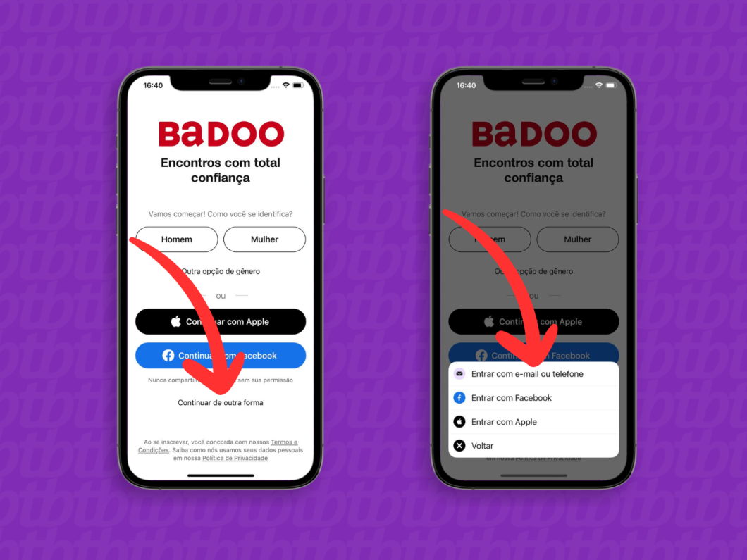 Capturas de tela do aplicativo Badoo mostram como fazer login com e-mail ou telefone