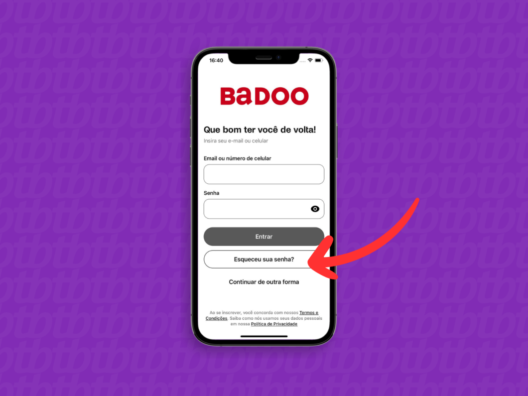 Captura de tela do aplicativo Badoo mostra como acessar a opção "Esqueceu sua senha?"