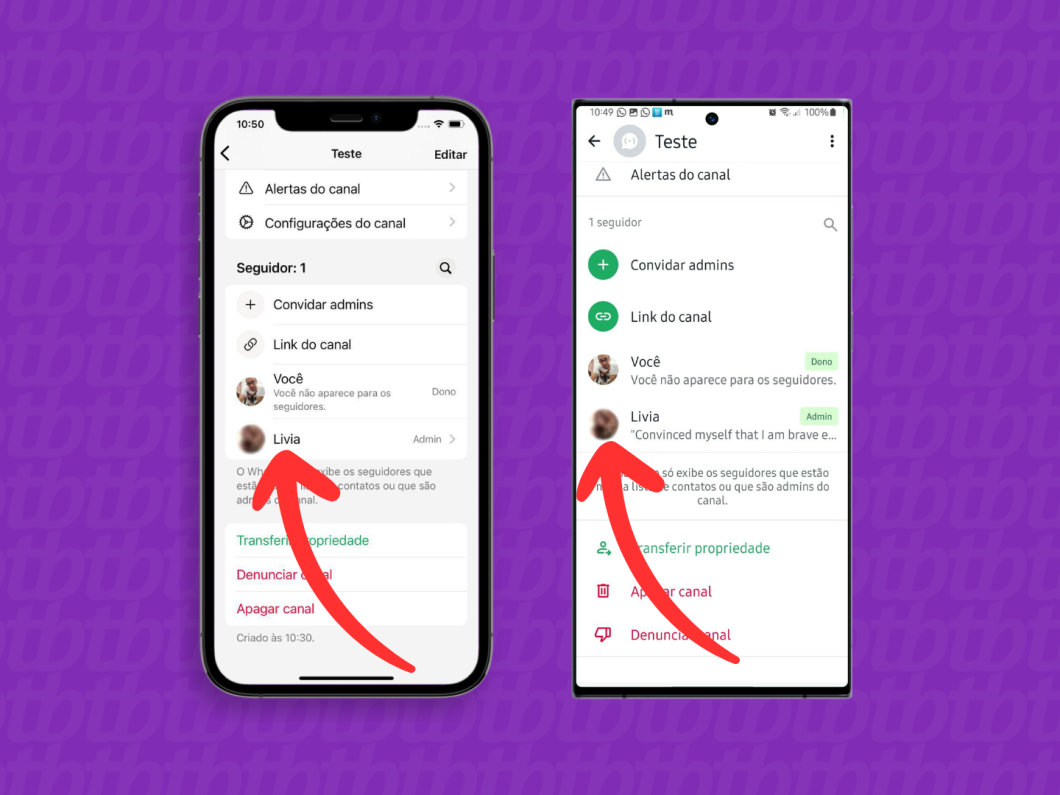 Capturas de tela do aplicativo WhatsApp no iPhone e no Android mostram como selecionar um admin