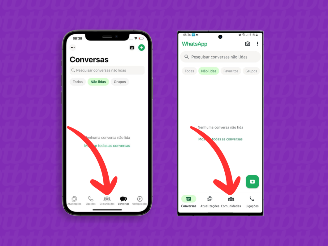 Capturas de tela do aplicativo WhatsApp no iPhone e no Android mostram como acessar a aba Comunidades