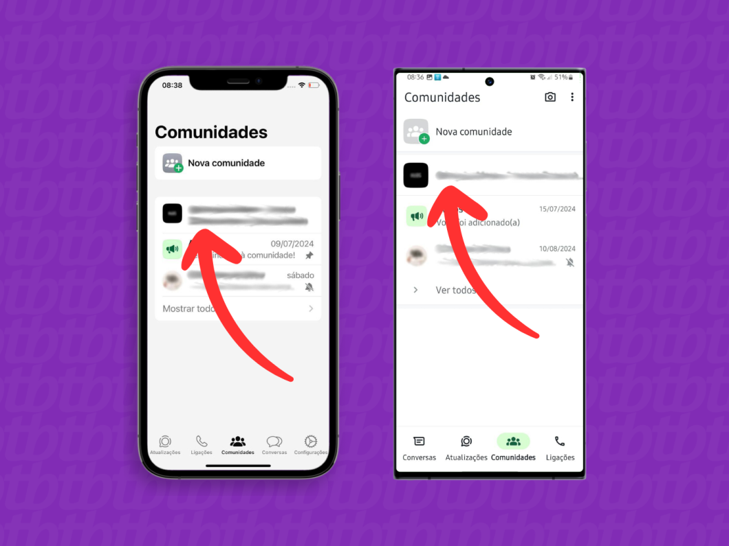 Capturas de tela do aplicativo WhatsApp no iPhone e no Android mostram como acessar uma comunidade