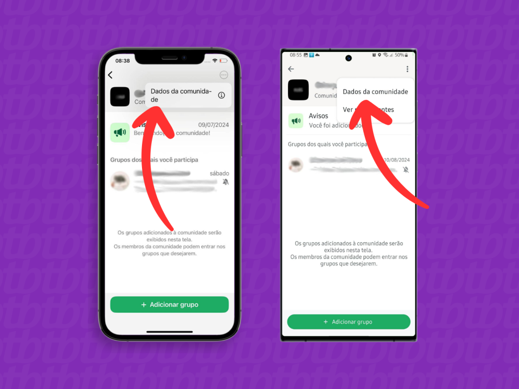 Capturas de tela do aplicativo WhatsApp no iPhone e no Android mostram como abrir o menu Dados da Comunidade