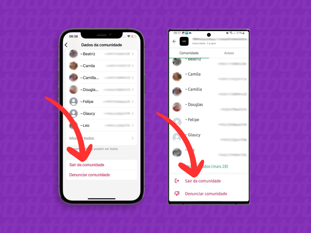 Capturas de tela do aplicativo WhatsApp no iPhone e no Android mostram como acessar a opção Sair da comunidade