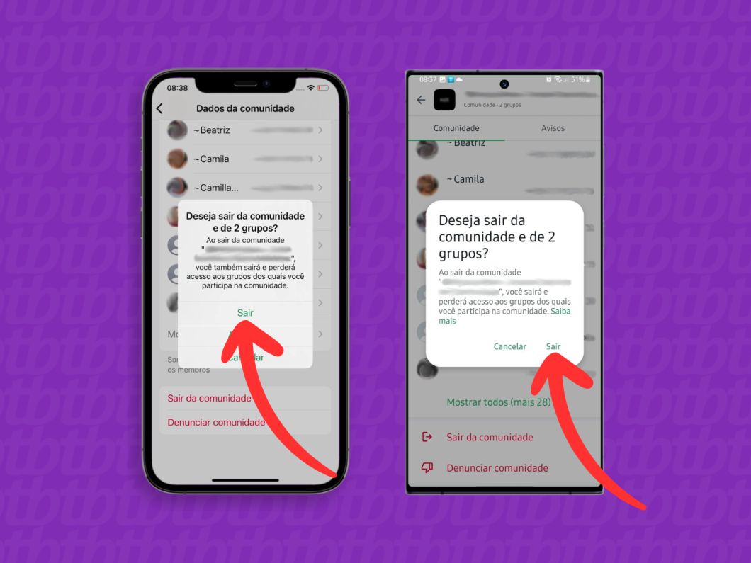 Capturas de tela do aplicativo WhatsApp no iPhone e no Android mostram como confirmar a saída da comunidade