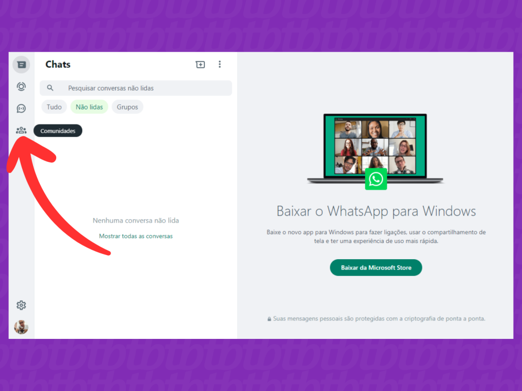 Captura de tela do site WhatsApp Web mostra como acessar a aba Comunidades