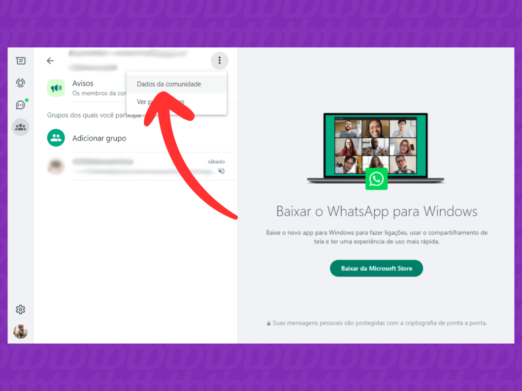 Captura de tela do site WhatsApp Web mostra como abrir o menu Dados da comunidade