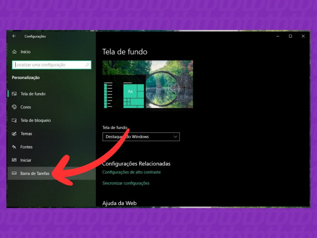 Captura de tela do Windows 10 mostra como acessar o menu Barra de Tarefas