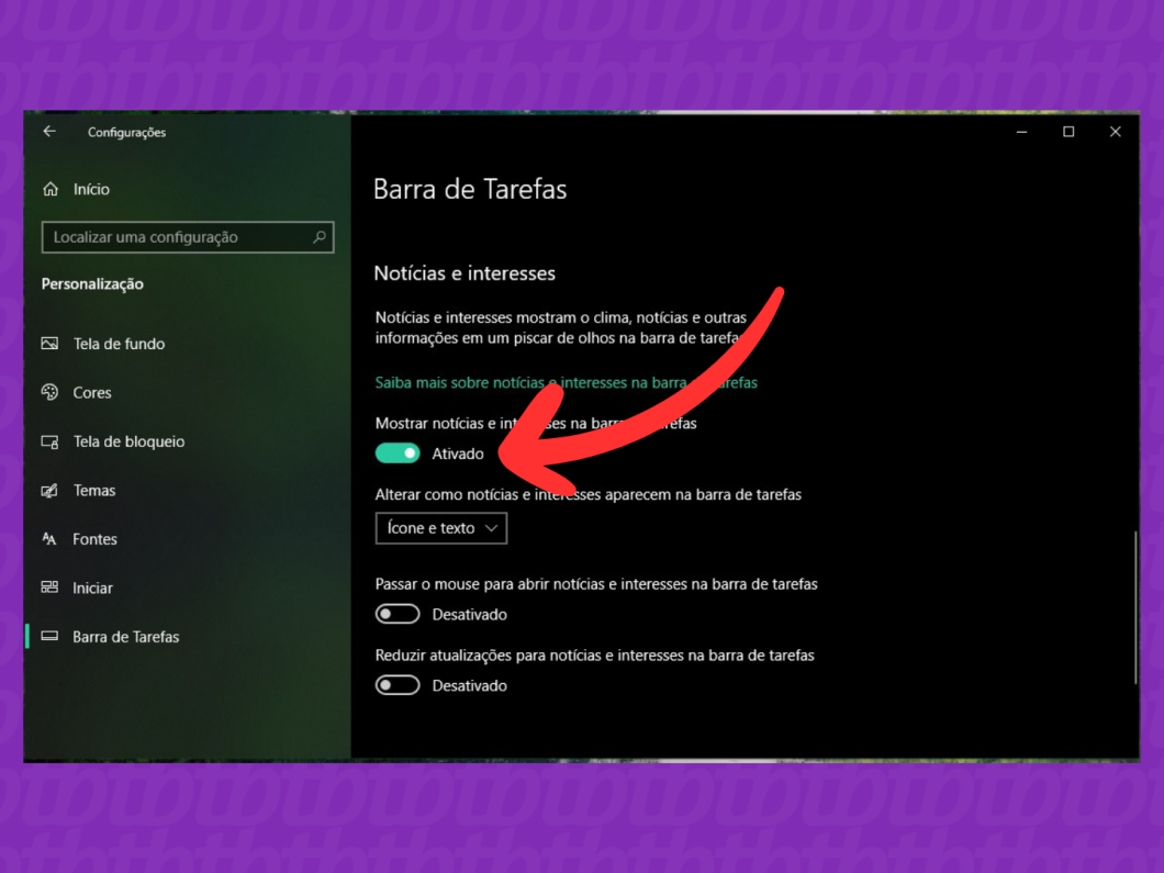 Captura de tela do Windows 10 mostra como desativar "Notícias e Interesses" na barra de tarefas