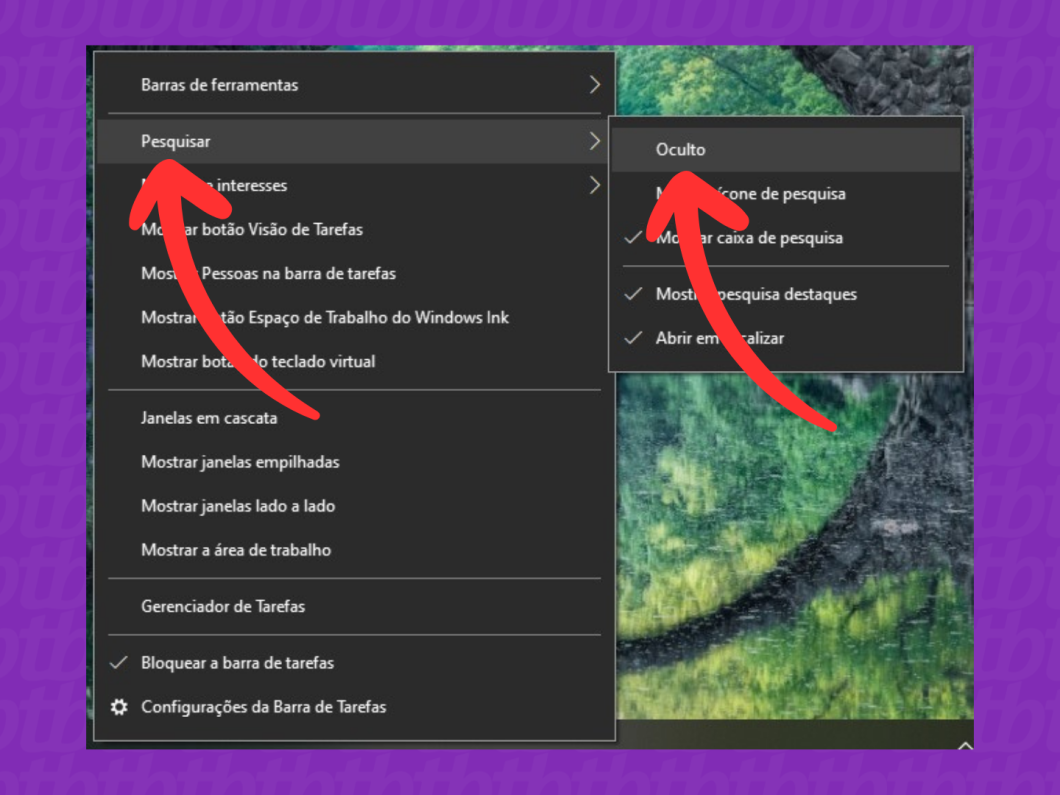 Captura de tela do Windows 10 mostra como desativar o campo de pesquisa na barra de tarefas