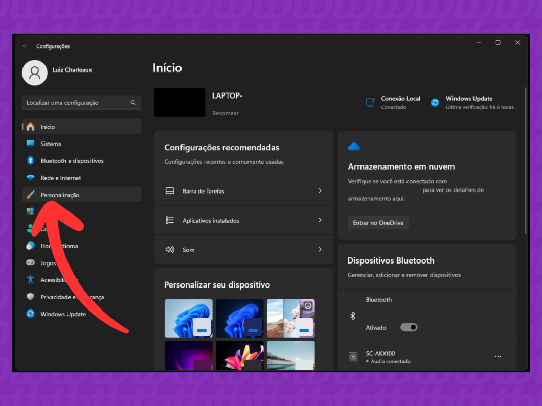 Captura de tela do Windows 11 mostra como abrir o menu Personalização