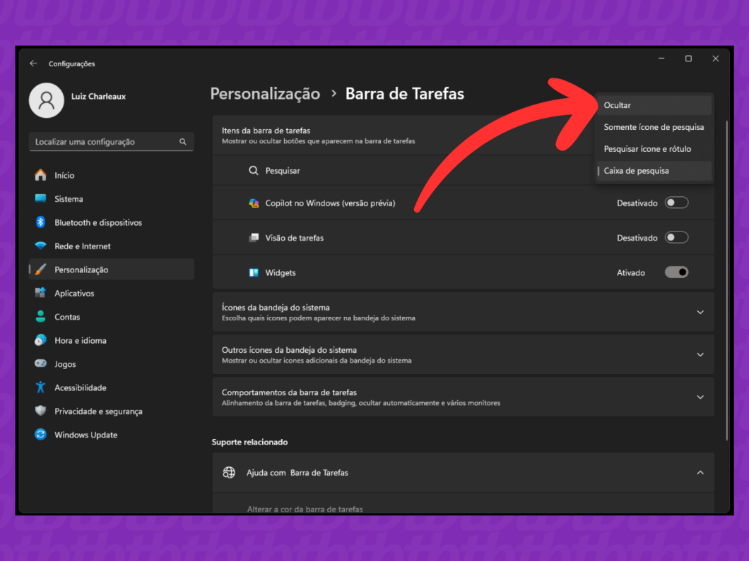 Captura de tela do Windows 11 mostra como ocultar o Pesquisar na barra de tarefas