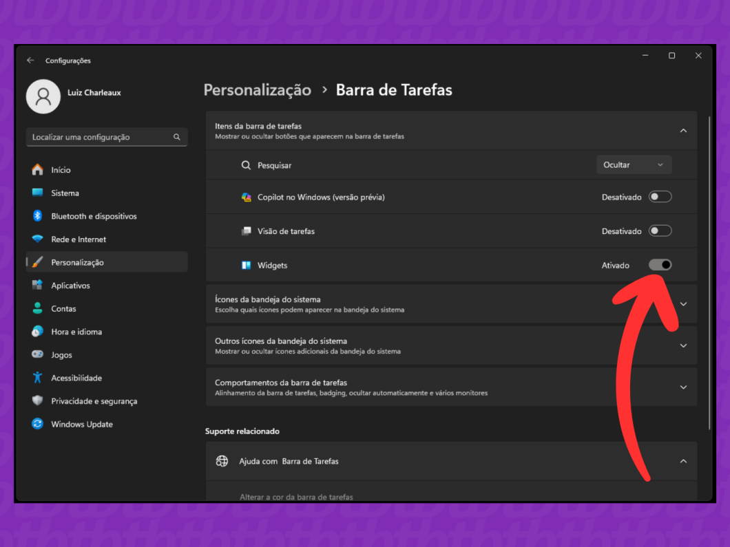 Captura de tela do Windows 11 mostra como desativar os widgets na barra de tarefas