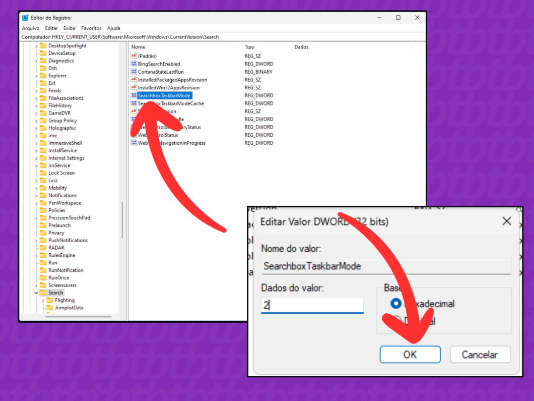 Captura de tela do Windows 11 mostra como acessar e editar a opção SearchboxTaskbarMode no Editor de Registro
