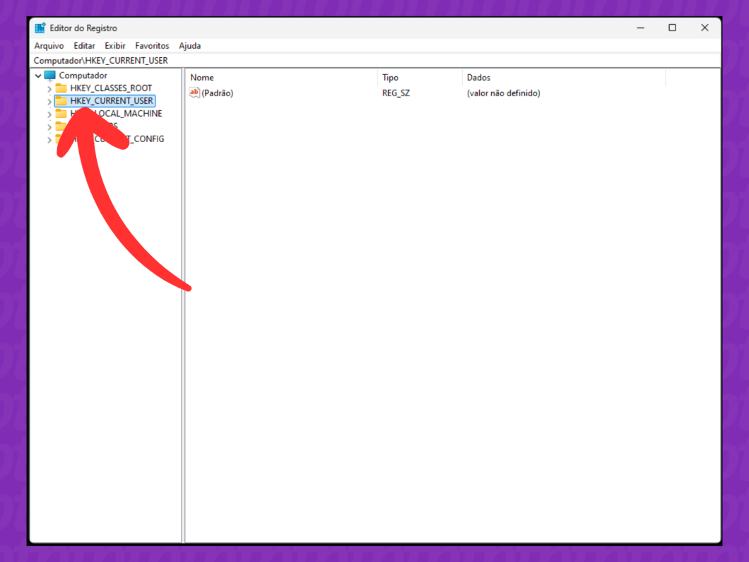 Captura de tela do Windows 11 mostra como abrir a pasta HKEY_CURRENT_USER no Editor de Registro
