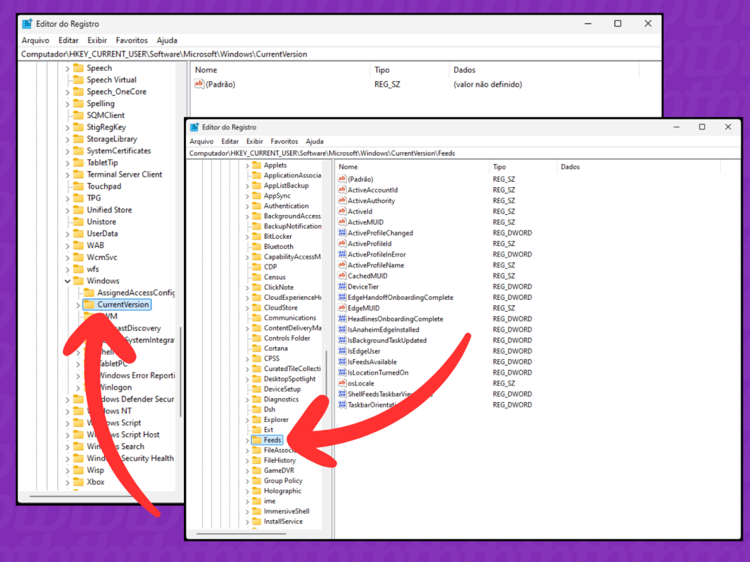 Captura de tela do Windows 11 mostra como acessar as pastas CurrentVersion e Feeds no Editor de Registro
