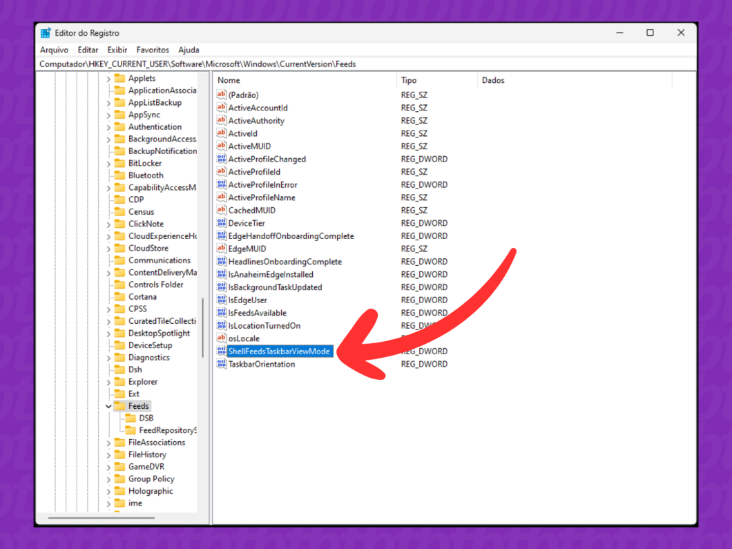 Captura de tela do Windows 11 mostra como acessar a opção ShellFeedsTaskbarViewMode no Editor de Registro