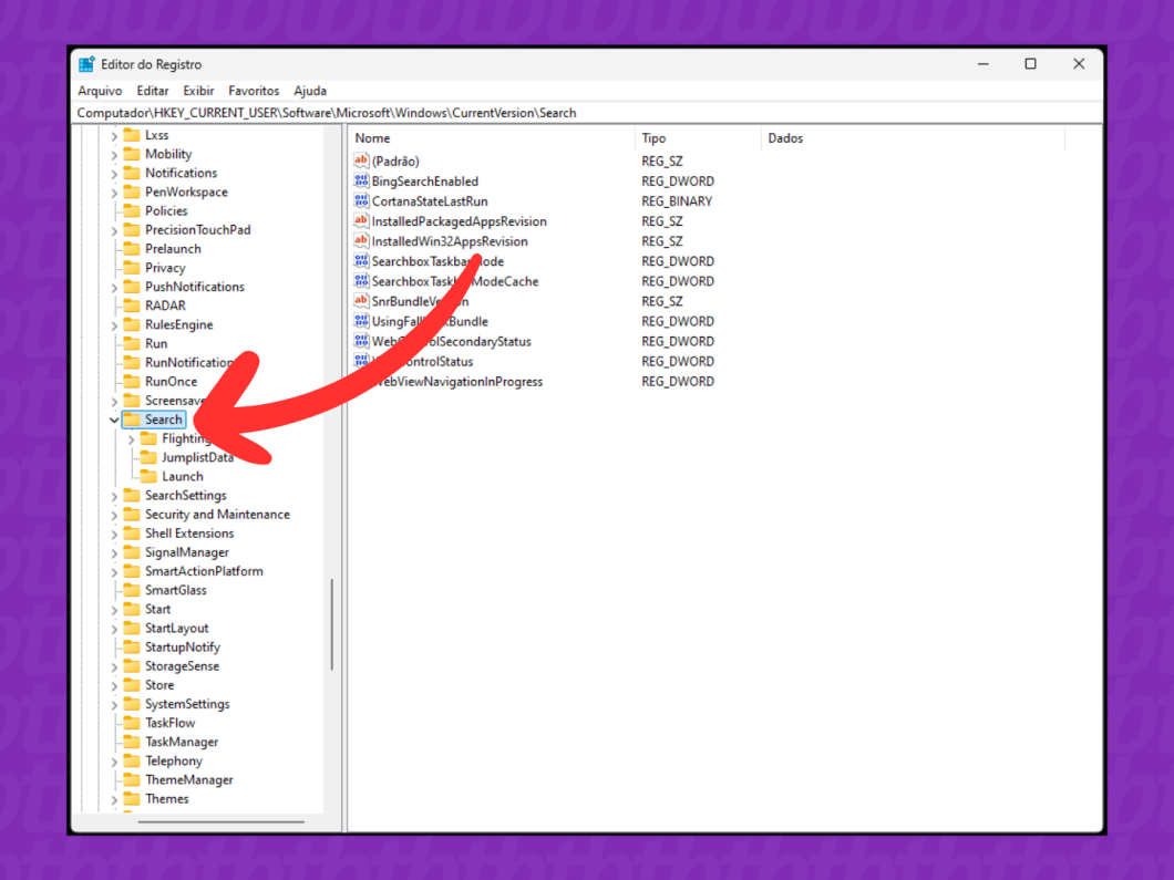 Captura de tela do Windows 11 mostra como acessar a pasta Search no Editor de Registro