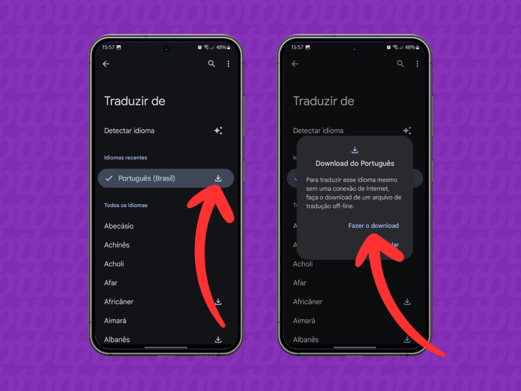 Capturas de tela do aplicativo Google Tradutor no Android mostram como baixar um pacote de idioma