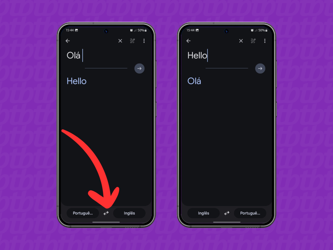 Capturas de tela do aplicativo Google Tradutor no Android mostram como inverter os idiomas da tradução