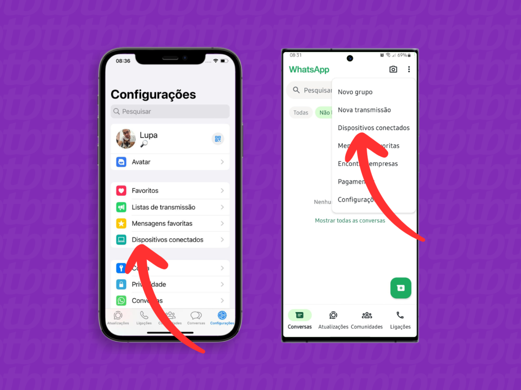 Capturas de tela do aplicativo WhatsApp no iPhone e no Android mostram como acessar o menu "Dispositivos conectados"