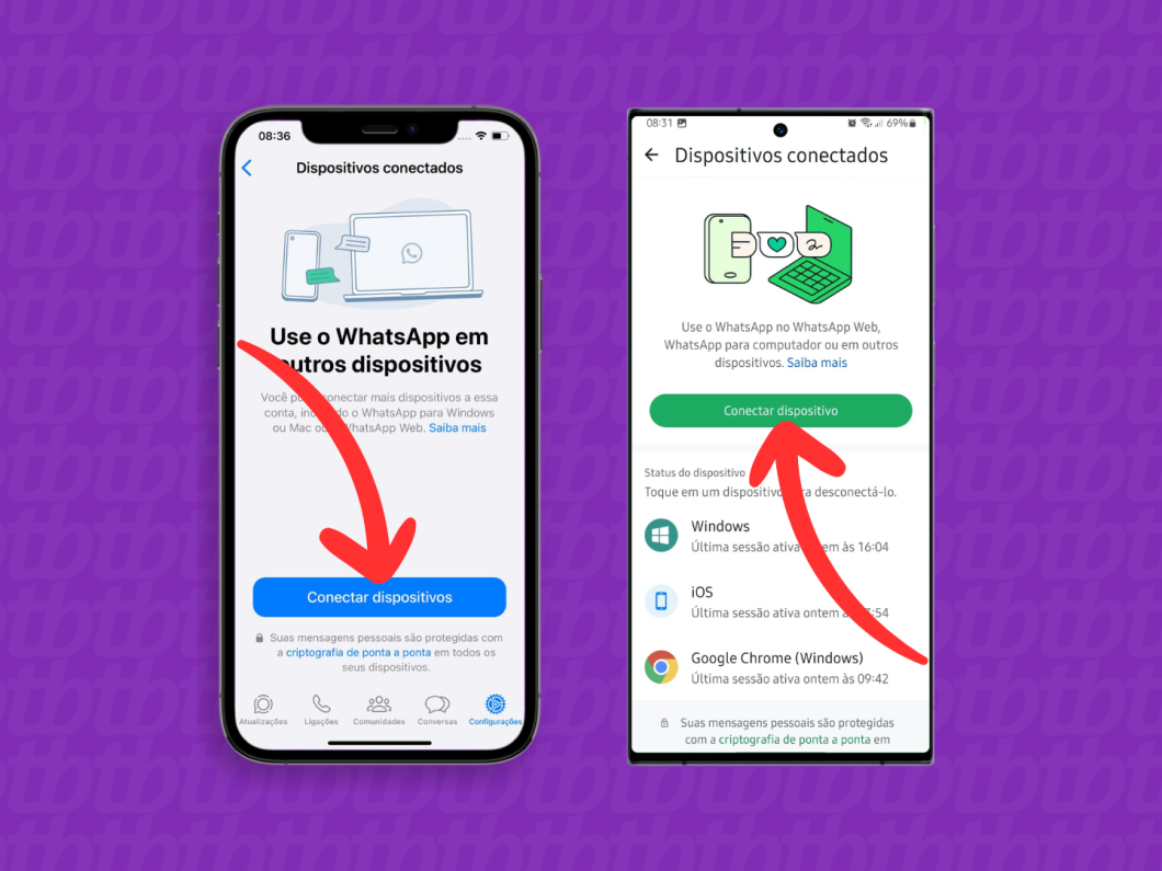 Capturas de tela do aplicativo WhatsApp no iPhone e no Android mostram como acessar a opção "Conectar Dispositivo"