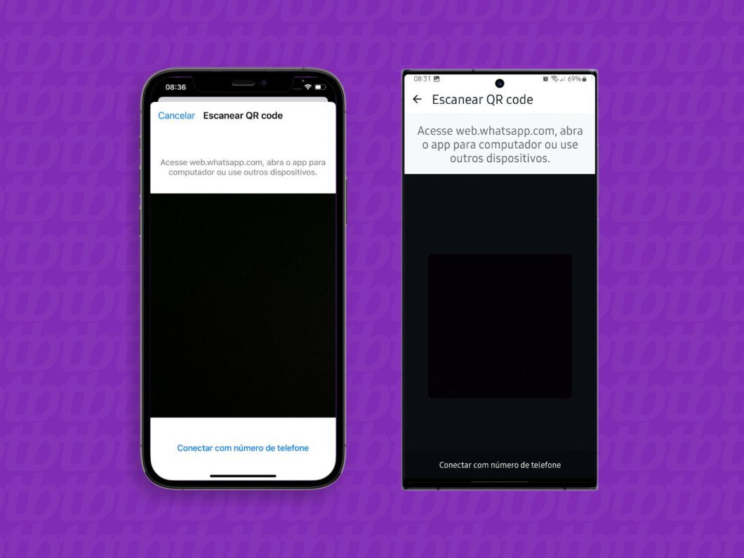 Capturas de tela do aplicativo WhatsApp no iPhone e no Android mostram como escanear o QR code do site do WhatsApp Web