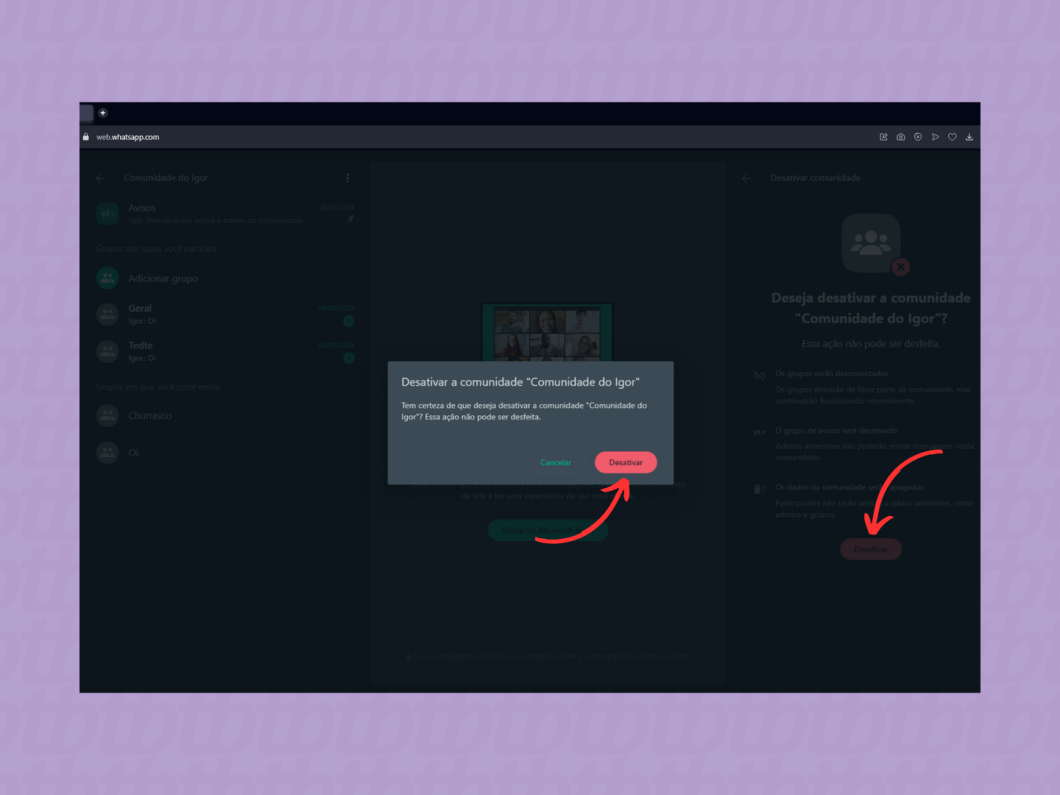 Confirmando a desativação da Comunidade pelo WhatsApp Web
