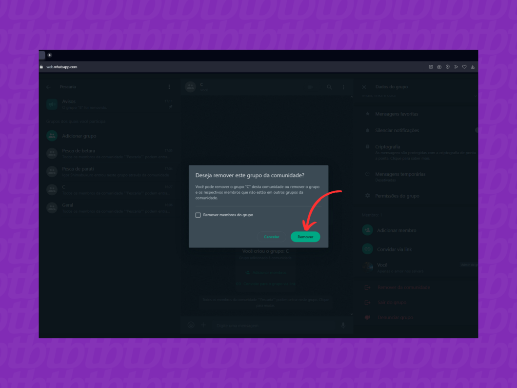 Confirmando a remoção do grupo da comunidade pelo WhatsApp Web