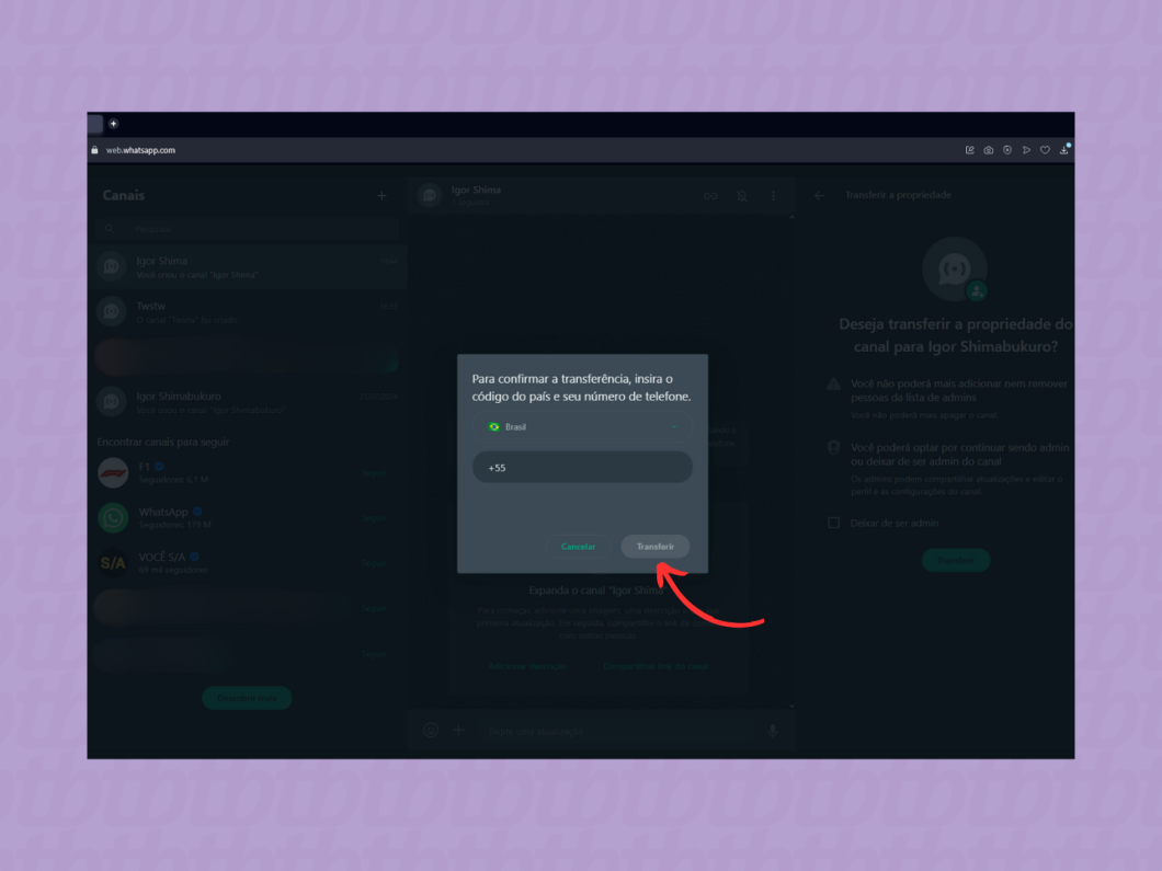 Confirmando a transferência do canal do WhatsApp pelo WhatsApp Web