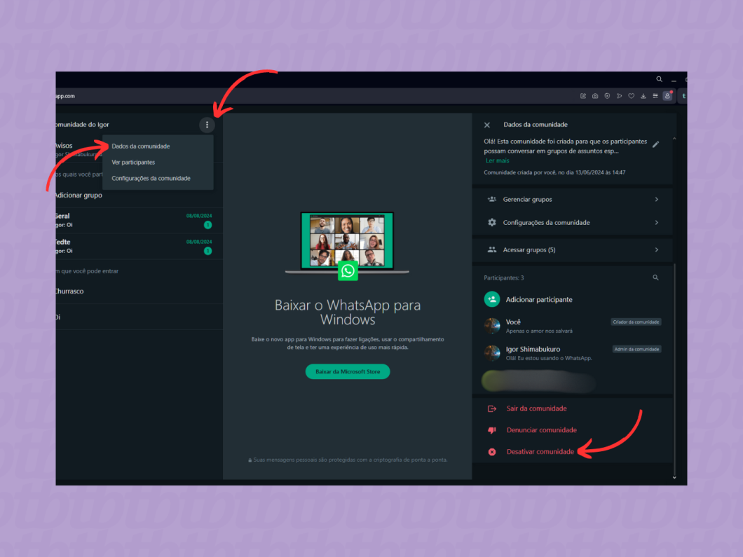 Desativando a Comunidade pelo WhatsApp Web