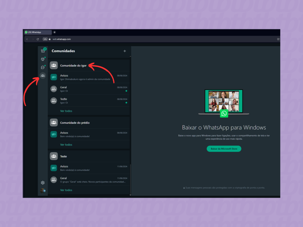 Entrando na guia "Comunidades" do WhatsApp pelo WhatsApp Web