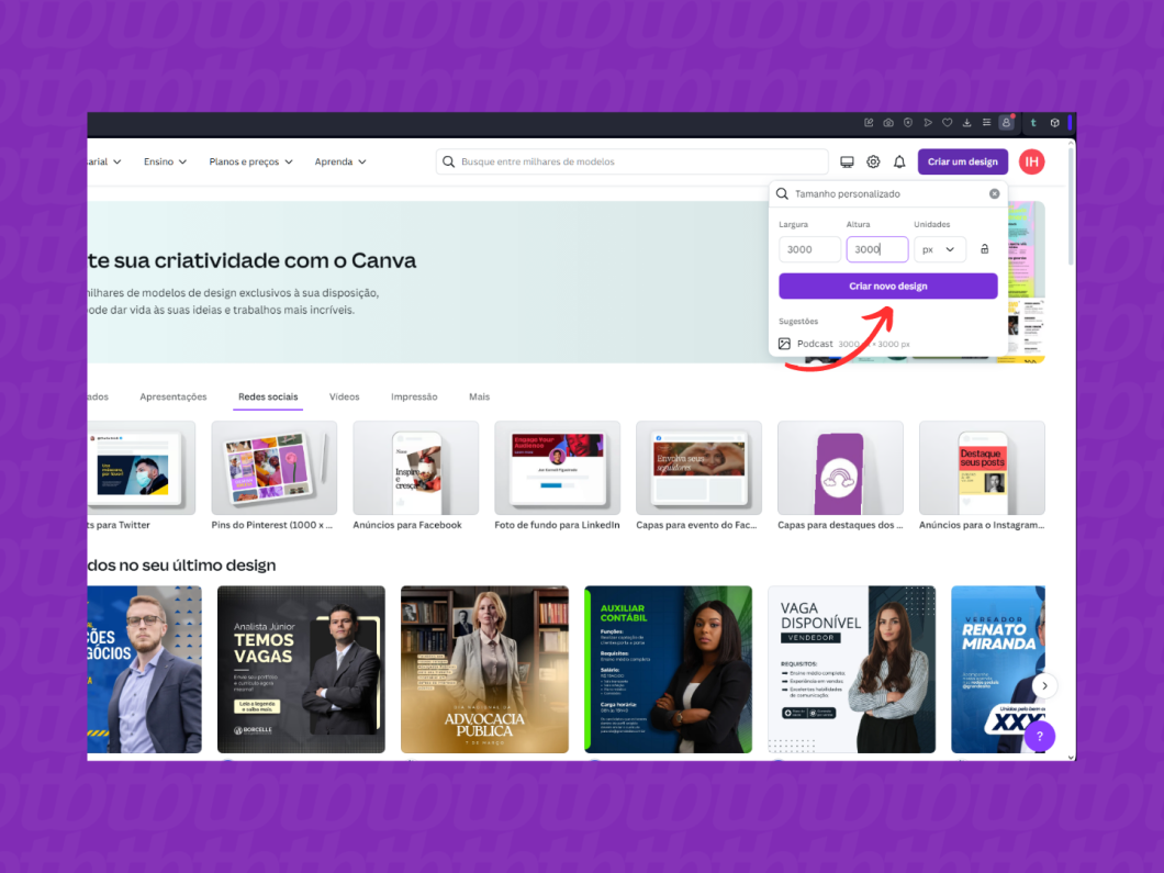 Escolhendo um tamanho personalizado para o design no Canva