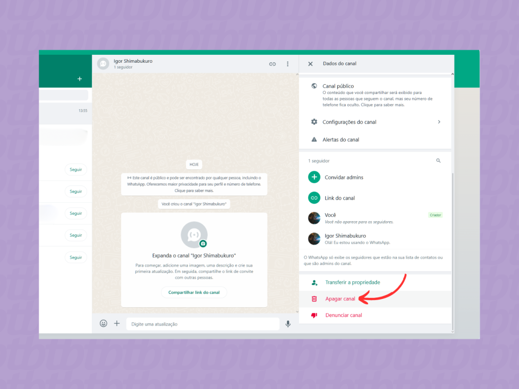Excluindo um canal pelo WhatsApp Web