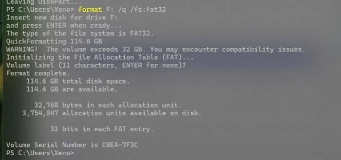 Formatação em FAT32 no Windows via linha de comando (imagem: XenoPanther/X/Twitter)