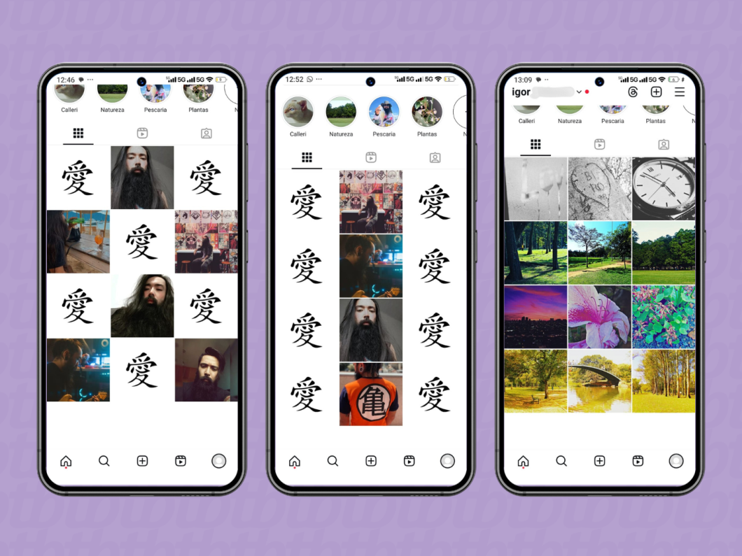 Feed do Instagram ordenado nos modos Xadrez, Linha do meio e Tons de cor, respectivamente
