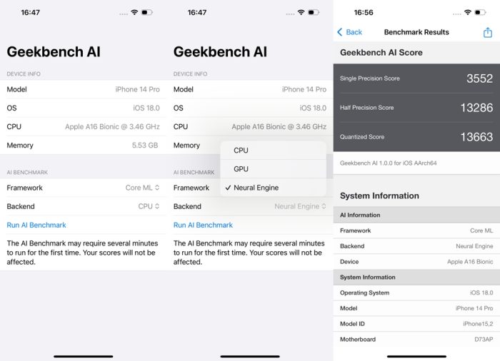 Resultados do iPhone 14 Pro no Geekbench AI 1.0 (imagem: Emerson Alecrim/Tecnoblog)