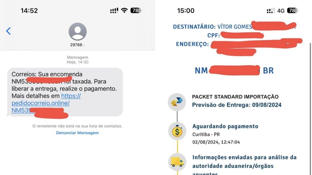 Captura de tela de uma SMS falsa indicando um link para uma página que simula o site dos Correios. O site exibe o nome, CPF e endereço de uma pessoa, além do rastreamento da encomenda informando que o pacote aguarda pagamento de taxa