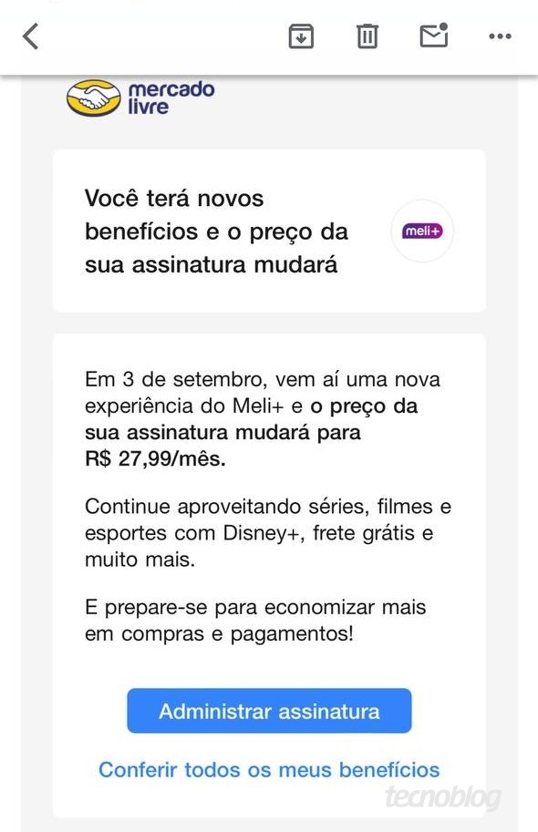 Email do Mercado Livre comunicando aumento no Meli+