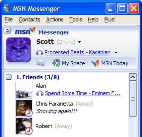 Print do MSN Messenger com usuário escutando Processed Beats - Kasabian