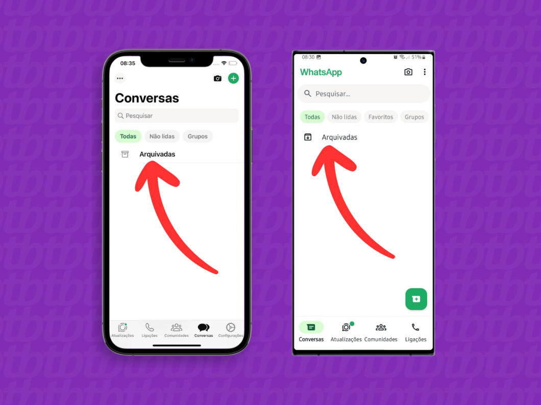 Capturas de tela do aplicativo WhatsApp no iPhone e no Android mostram como acessar a pasta Arquivadas